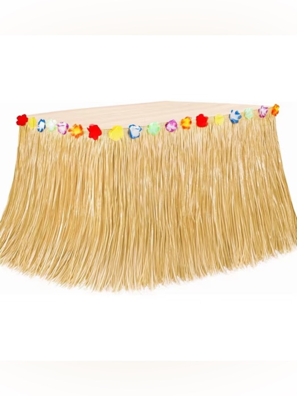 New Tiki Grass Table Skirt with Multicolor Flower Trim - Natural 108”
